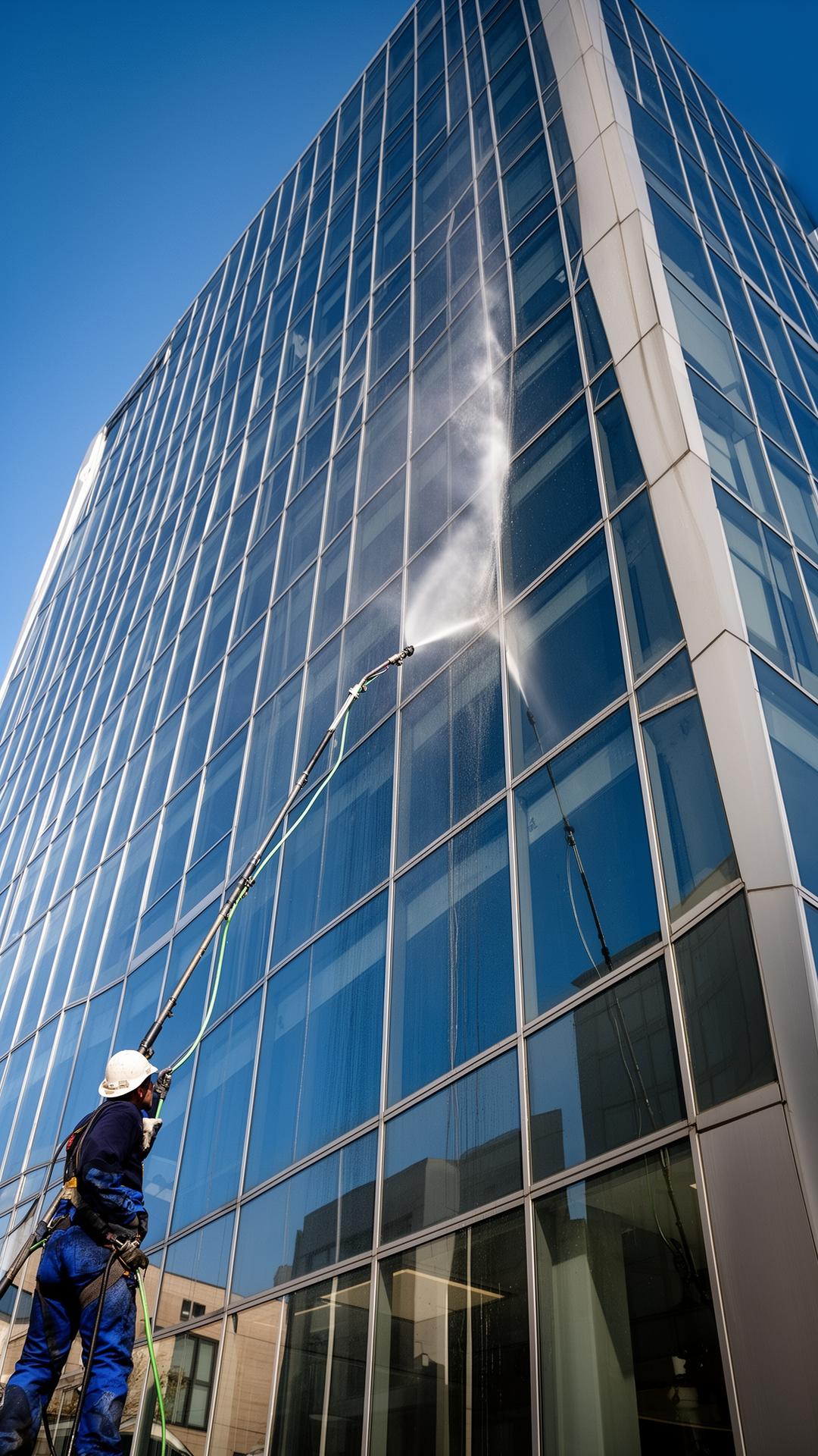 Reach and wash window cleaning of a glass office facade